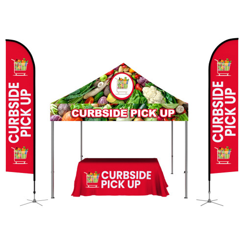 Canopy Tent Kit 1, 10x10 Canopy Tent, 2 Feather Flags and 6ft Table Throw